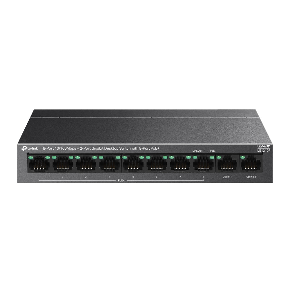 TP-Link LS1210P 8+2 Port 10/100Mbps Desktop Switch with 8-Port PoE+, 2 Gigabit RJ45 Uplink 96W PoE Budget, 250M, Metal Casing TP-Link LS1210P 8+2 Port 10/100Mbps Desktop Switch with 8-Port PoE+, 2 Gigabit RJ45 Uplink 96W PoE Budget, 250M, Metal Casing